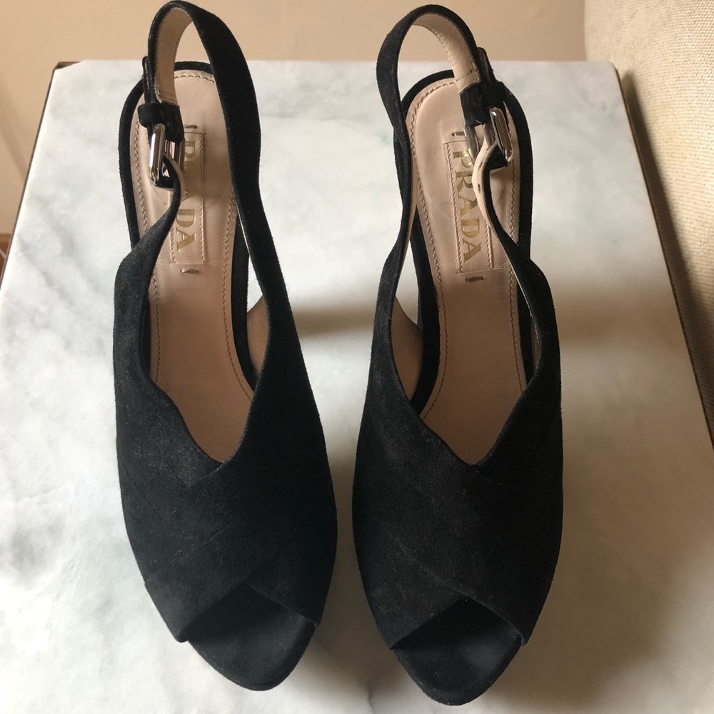 Prada Black Suede Platform Strap Sandal Sz 39 1/2